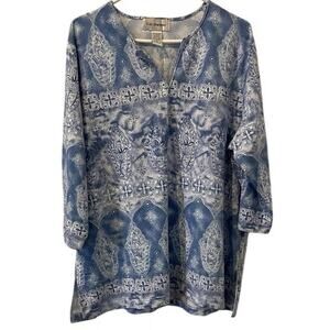 C. D. Daniels Shirt Top Womens 1X BlueWhite 3/4 Sleeve Embellished V-Neck